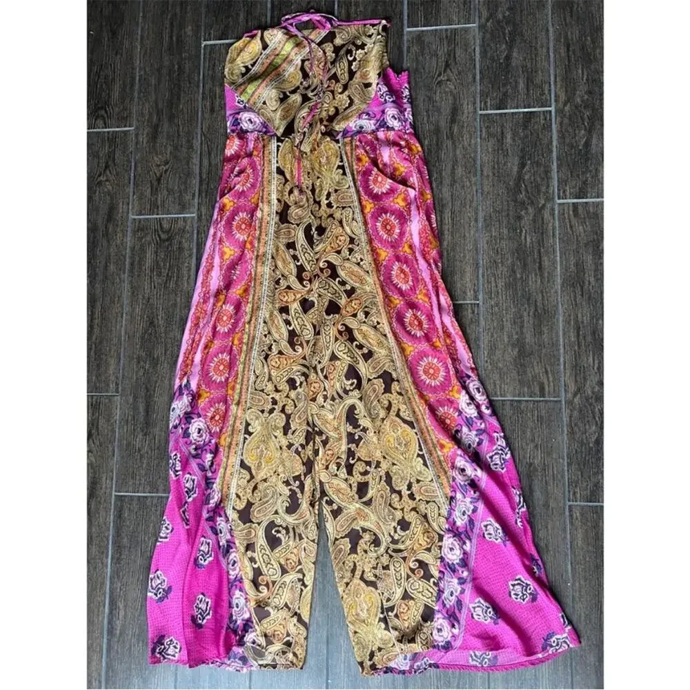 FREE PEOPLE Miranda Printed Jumpsuit In Jewel Combo Large Bohemian Pink and Gold